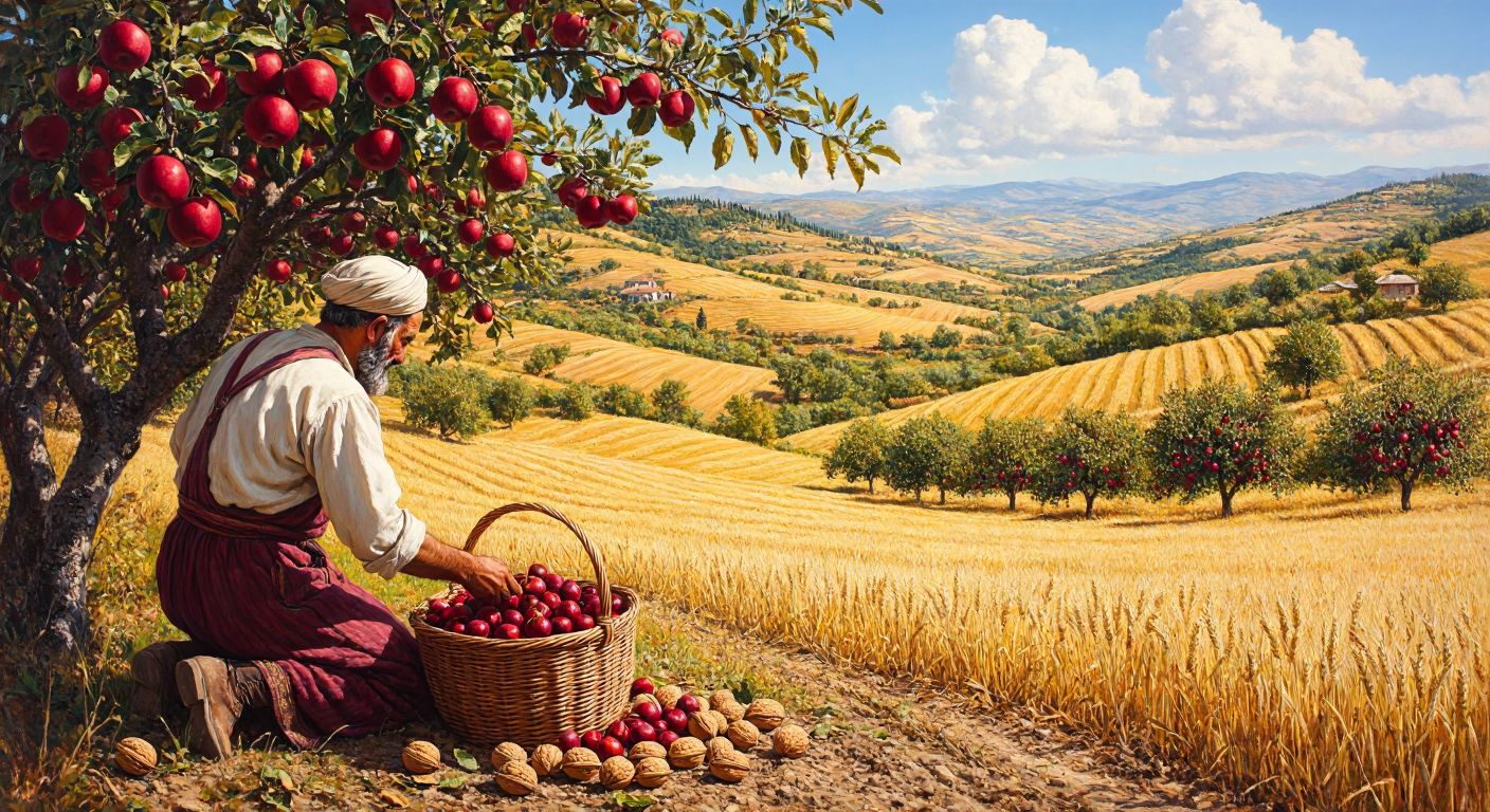 A sunlit Turkish countryside scene with golden wheat fields stretching toward rolling hills, dotted with fruit-laden trees of apples, pears, and cherries, and a farmer in traditional attire gathering walnuts and pistachios into a woven basket.