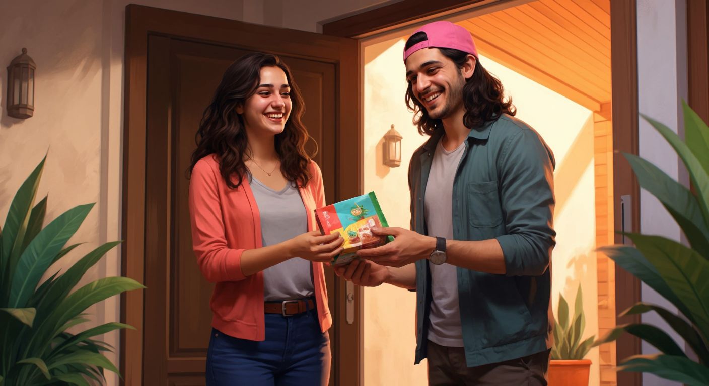 A young woman in a modern Turkish home smiles while receiving a colorful package from a delivery person, exchanging cash at the doorstep.