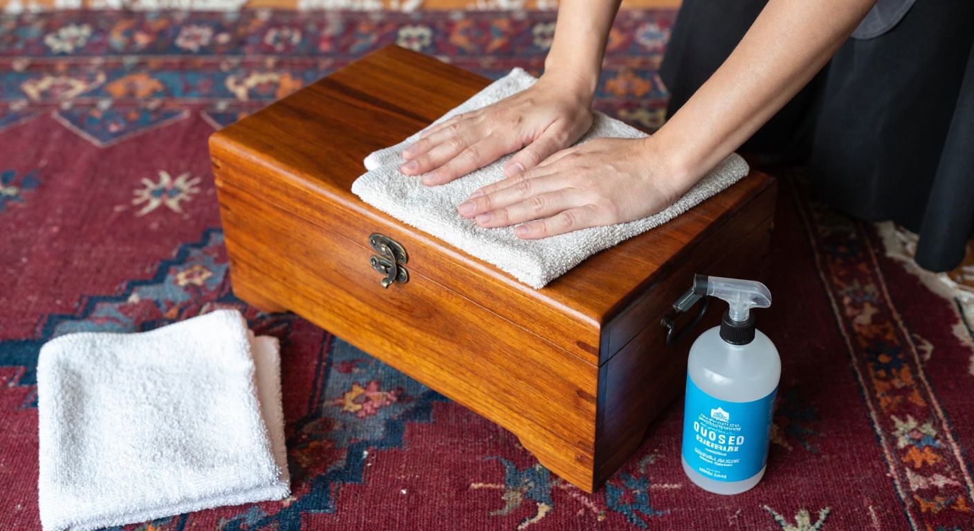 A pair of hands gently wiping a richly grained wooden chest with a soft, slightly damp cloth, surrounded by a small bottle of wood cleaner and a dry microfiber cloth on a rustic Turkish rug.