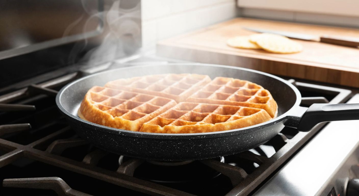 A close-up of a sleek black granite-coated Taşhan waffle pan resting on a stovetop, with steam rising from freshly cooked golden-brown toast.