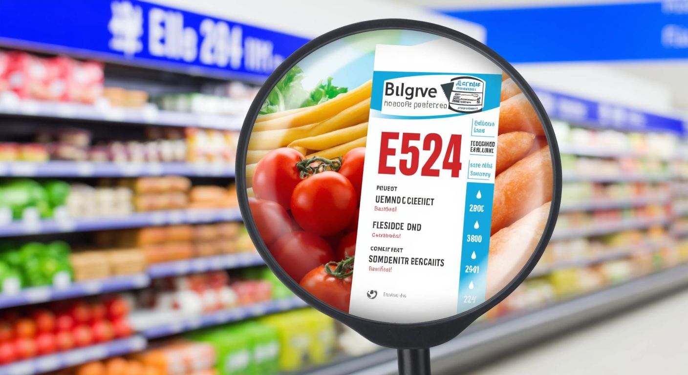 A close-up of a colorful, processed food package with a magnifying glass hovering over its ingredient list, highlighting the text-free section where "E452" would appear, set against a blurred supermarket shelf backdrop.