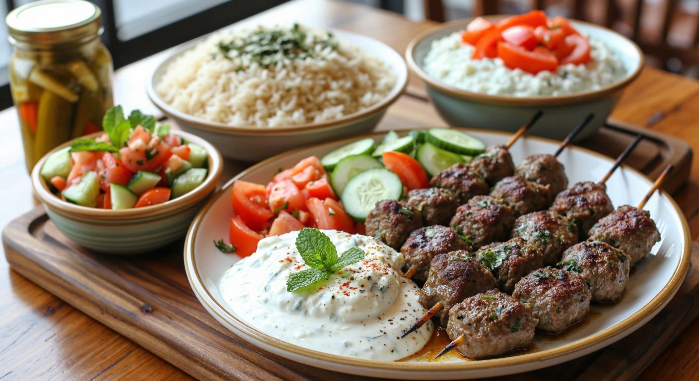 A steaming plate of **Geleli Kebabı** with golden-brown meat sits beside a bowl of fluffy **rice pilaf**, a small dish of creamy **cacık** topped with mint, a rustic **haydari** dip with garlic swirls, a fresh **shepherd’s salad** of diced tomatoes and cucumbers, and a jar of colorful **pickles** with cabbage and peppers, all arranged on a wooden table in a cozy Turkish eatery.
