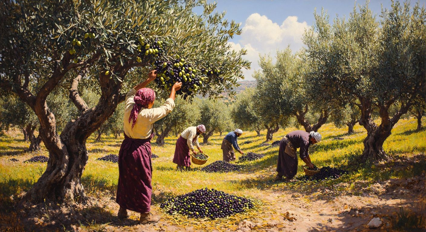 A sunlit olive grove in Nizip, with Turkish farmers in traditional work clothes carefully hand-picking ripe black and green olives from gnarled trees during autumn harvest.