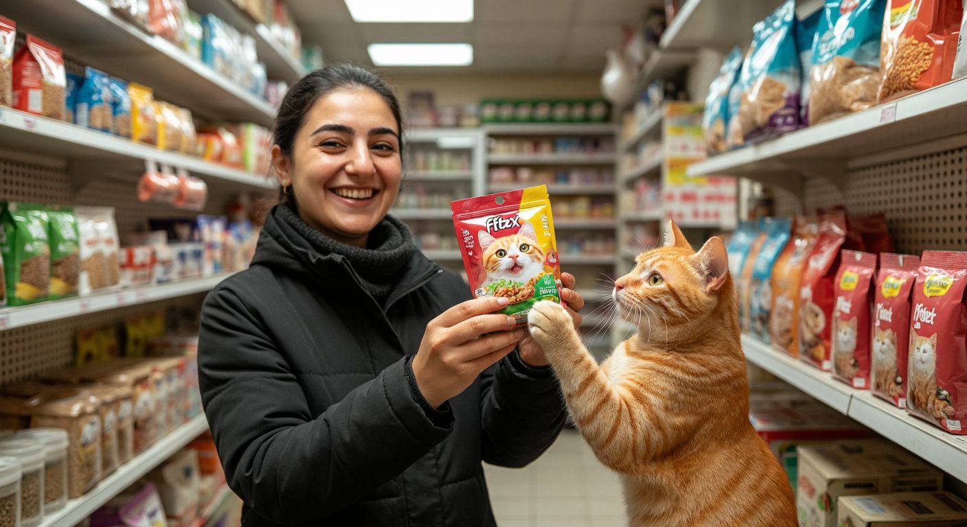 A smiling Turkish shopkeeper in a small pet store holds up a colorful, crinkly Felix wet cat food pouch while a curious orange tabby cat stretches its paws toward it.