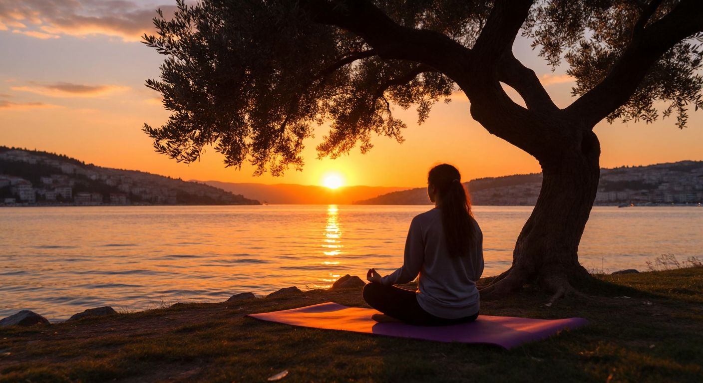 A young Turkish person meditating peacefully under an olive tree, with a yoga mat nearby and a vibrant sunset over the Bosphorus in the background.