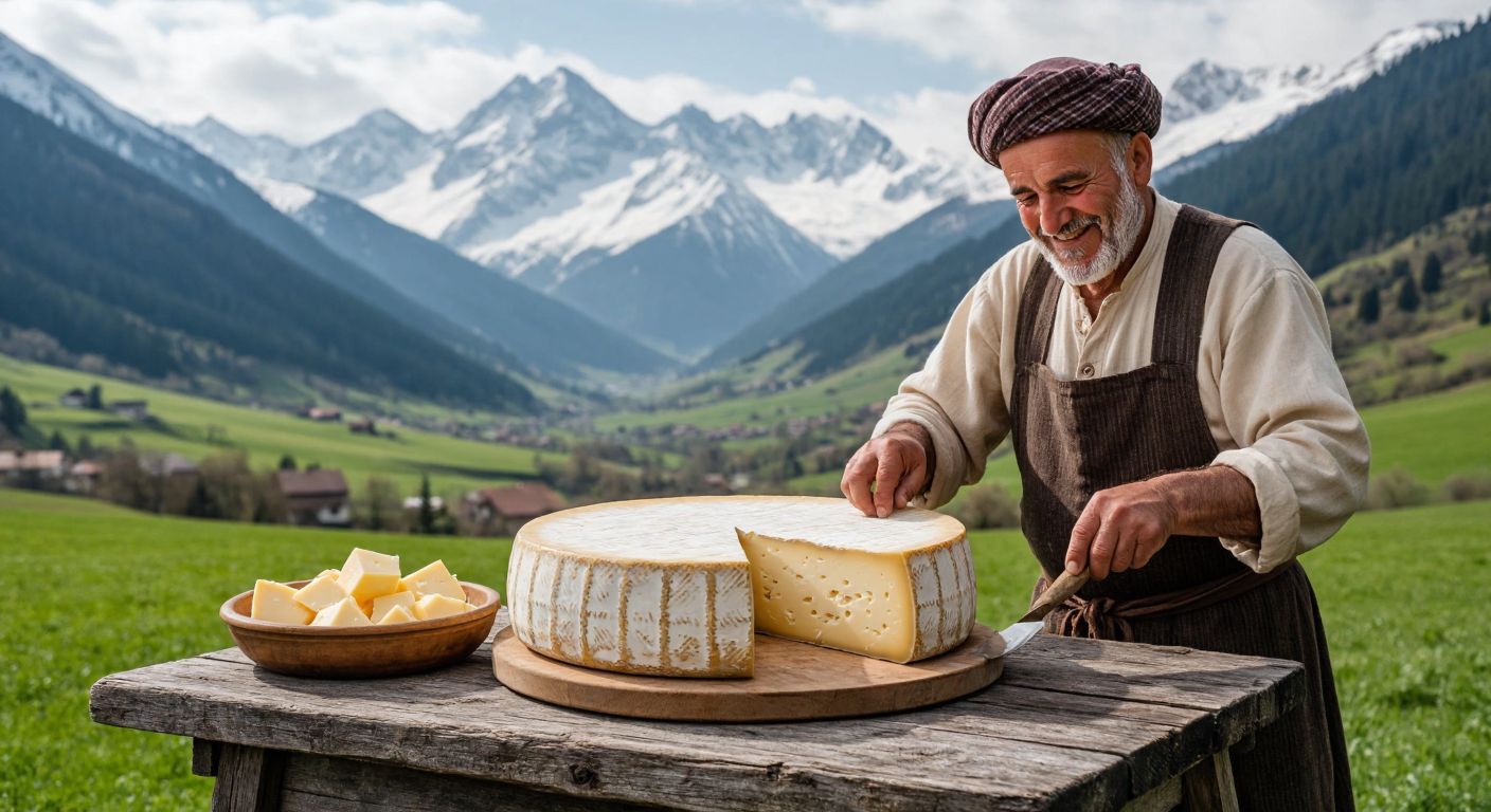A golden wheel of Kars Gravyer cheese sits on a rustic wooden table, surrounded by lush green pastures and snow-capped mountains in the background, with a smiling elderly cheesemaker in traditional Turkish clothing gently pressing fresh milk into molds.