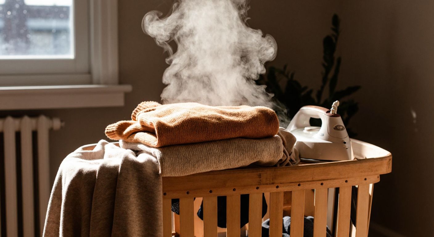 A cozy, folded cotton sweater in warm earthy tones rests on a wooden laundry basket, with a gentle steam rising from a nearby iron, evoking care and attention to fabric maintenance.