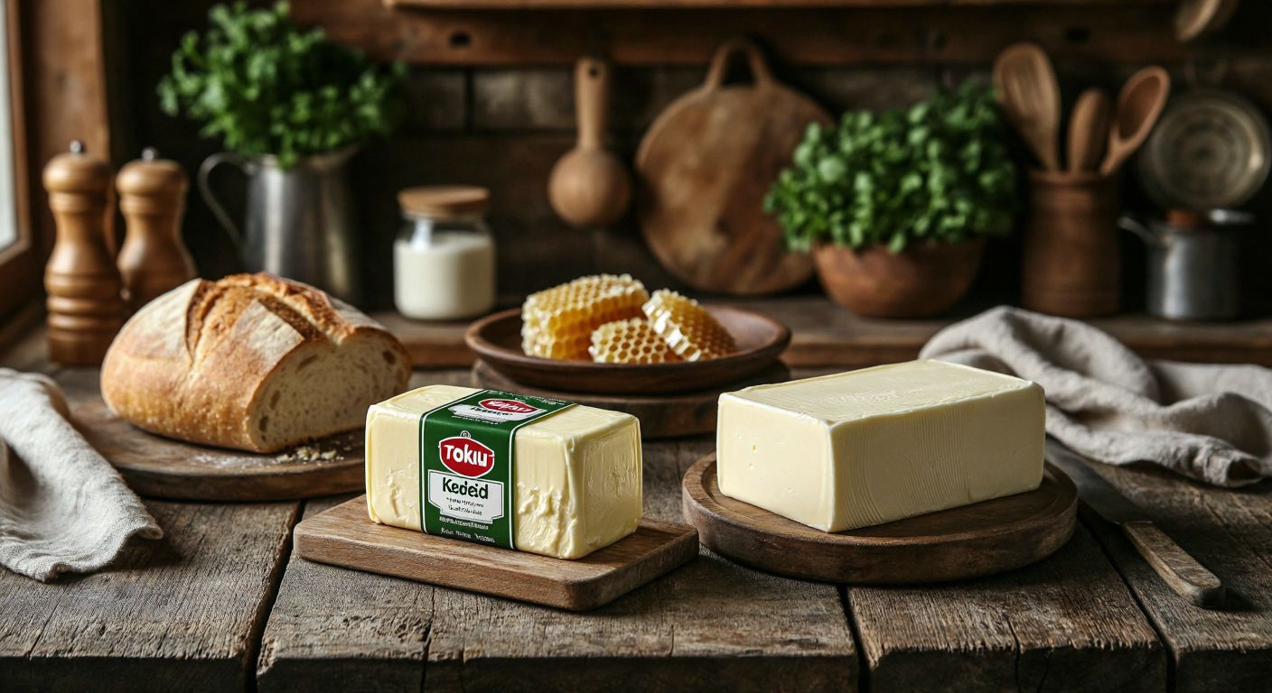 A rustic wooden table in a Turkish kitchen holds two distinct blocks of butter—one wrapped in Torku's packaging and the other in Tarım Kredi's—with fresh bread and honeycomb nearby, evoking a comparison of local dairy brands.