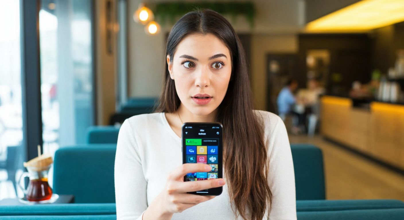 A young Turkish woman with a curious expression holds a smartphone displaying a colorful app interface, standing in a cozy café with a cup of Turkish tea on the table beside her.