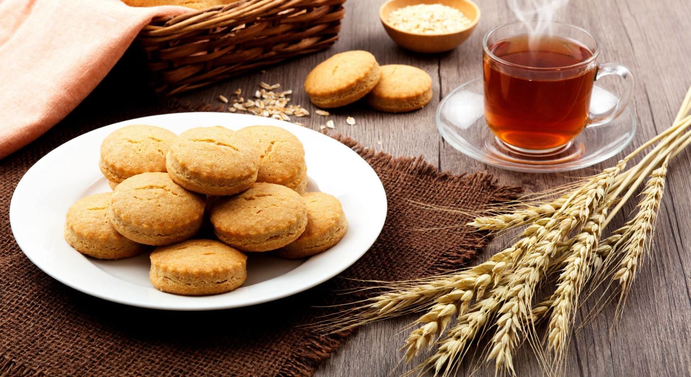 A warm Turkish kitchen with a plate of golden-brown whole wheat biscuits next to a steaming cup of tea, surrounded by fresh wheat stalks and a small bowl of honey, evoking a balance of health and indulgence.
