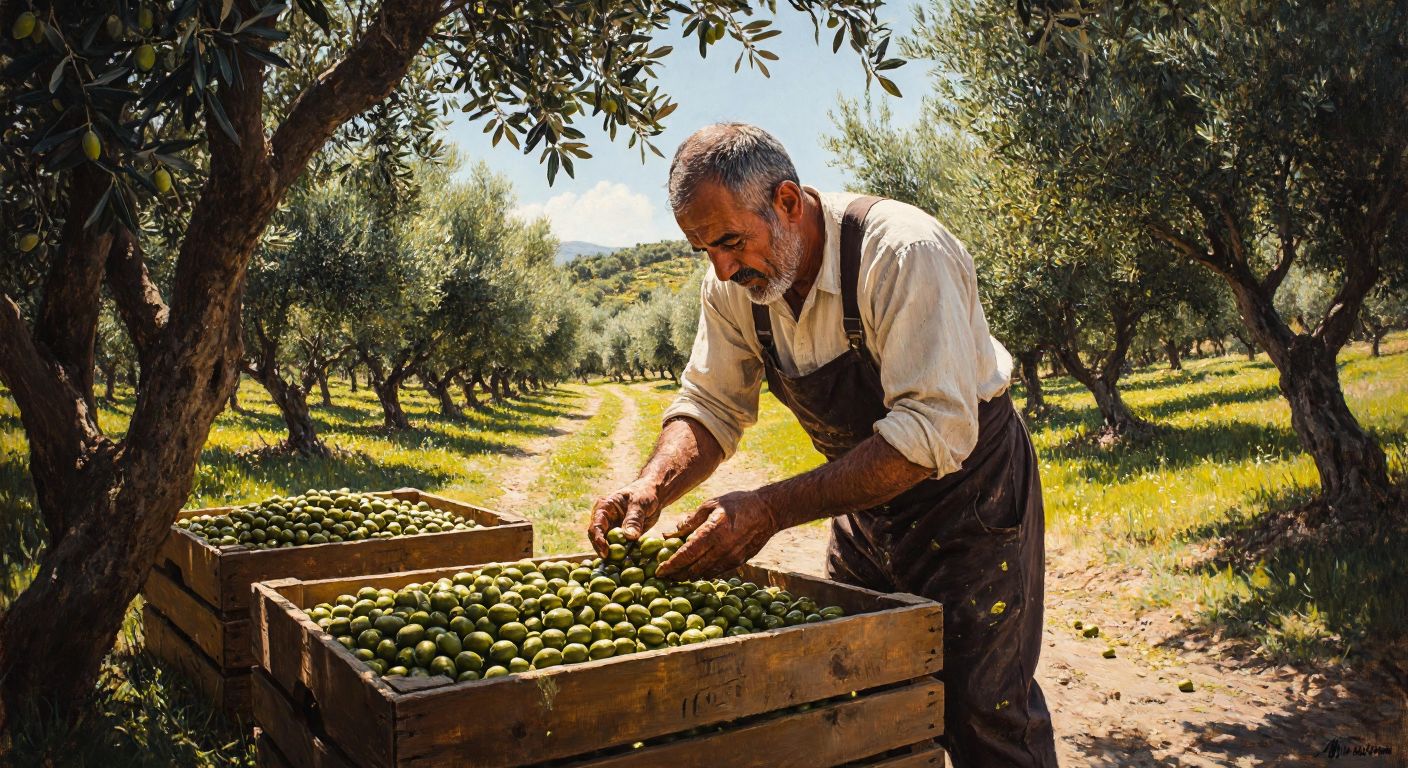 A sunlit olive grove in Ayvalık with a middle-aged Turkish man in traditional workwear carefully harvesting olives, his hands glistening with fresh olive oil, surrounded by golden-green trees and wooden crates filled with ripe olives.