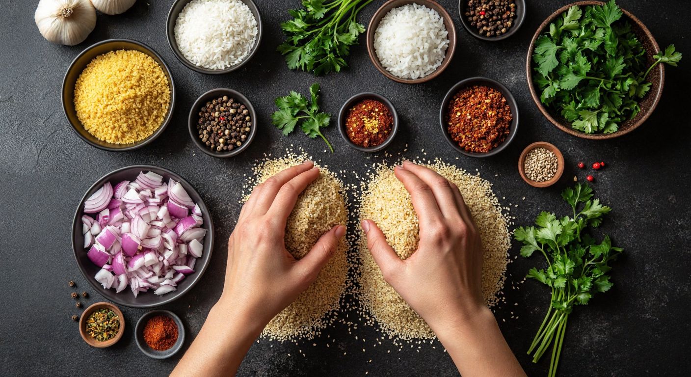 A Turkish kitchen countertop scattered with gluten-free ingredients like cornmeal, rice flour, and quinoa, alongside chopped onions, parsley, and spices, with hands kneading the mixture into small, oval-shaped çiğ köfte.