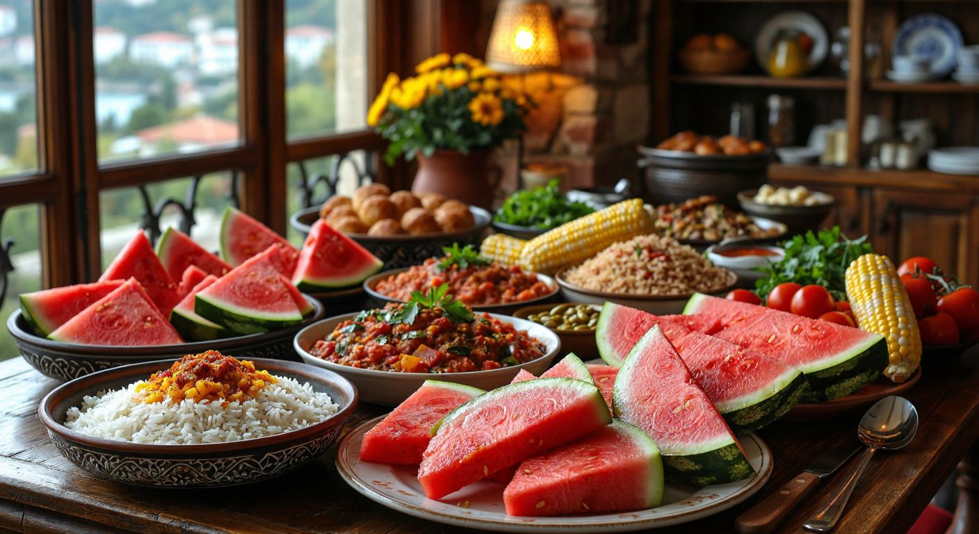 A vibrant Turkish dining table laden with high-glycemic foods like golden simit, sliced watermelon, roasted corn, and a bowl of baldo rice, surrounded by warm, inviting light.