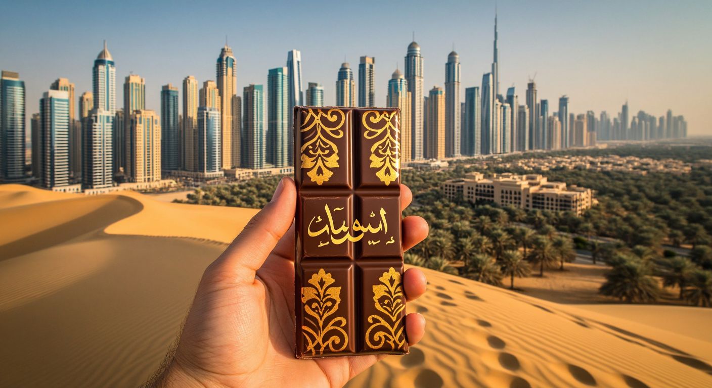 A vibrant Dubai skyline with golden desert sands in the foreground, where a hand holds a glossy, elegantly wrapped chocolate bar with Arabic-inspired patterns.