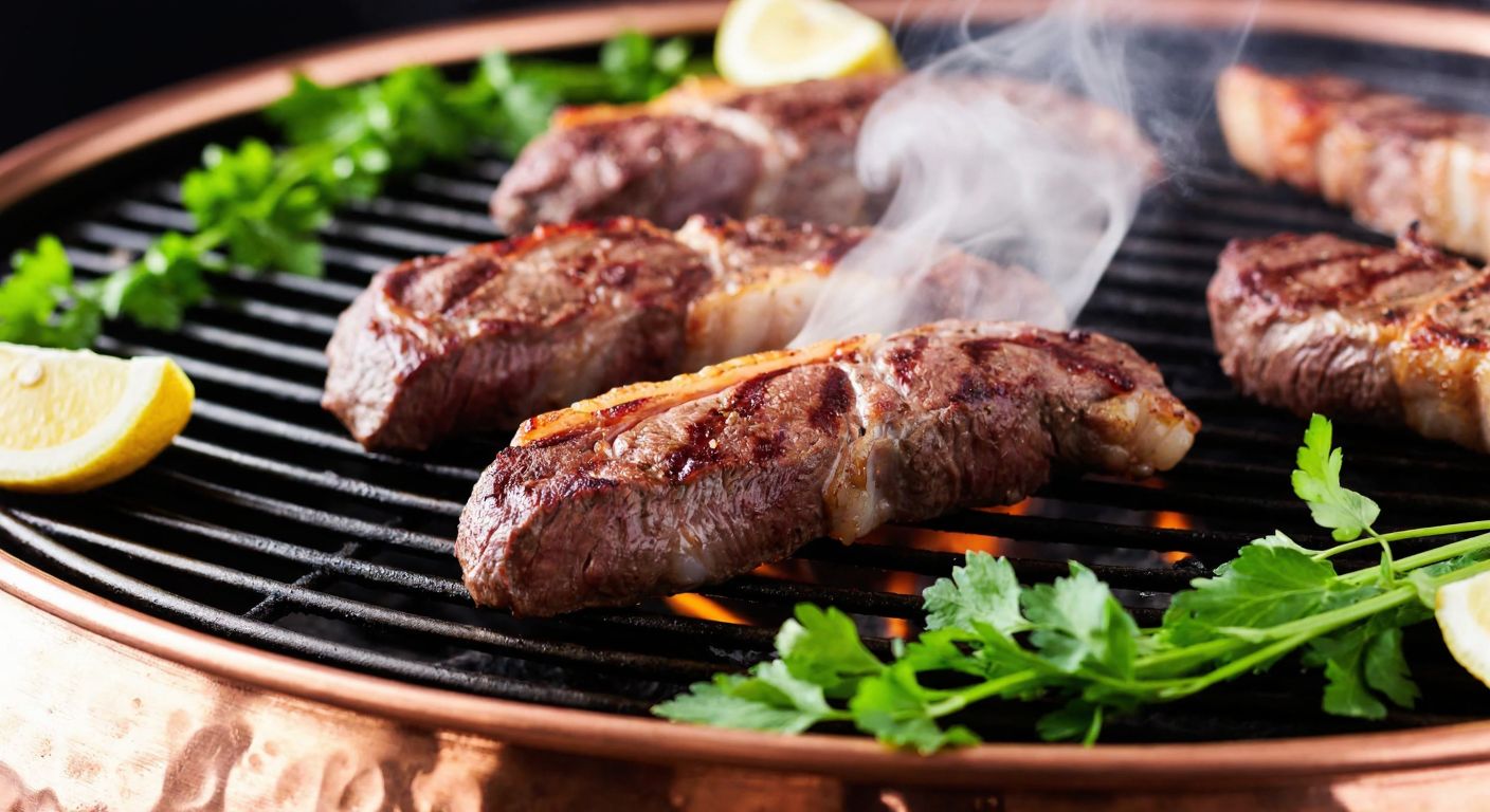 A close-up of tender, marinated lamb loin slices sizzling on a traditional Turkish copper grill, with golden-brown edges and aromatic steam rising, surrounded by fresh herbs and lemon wedges.