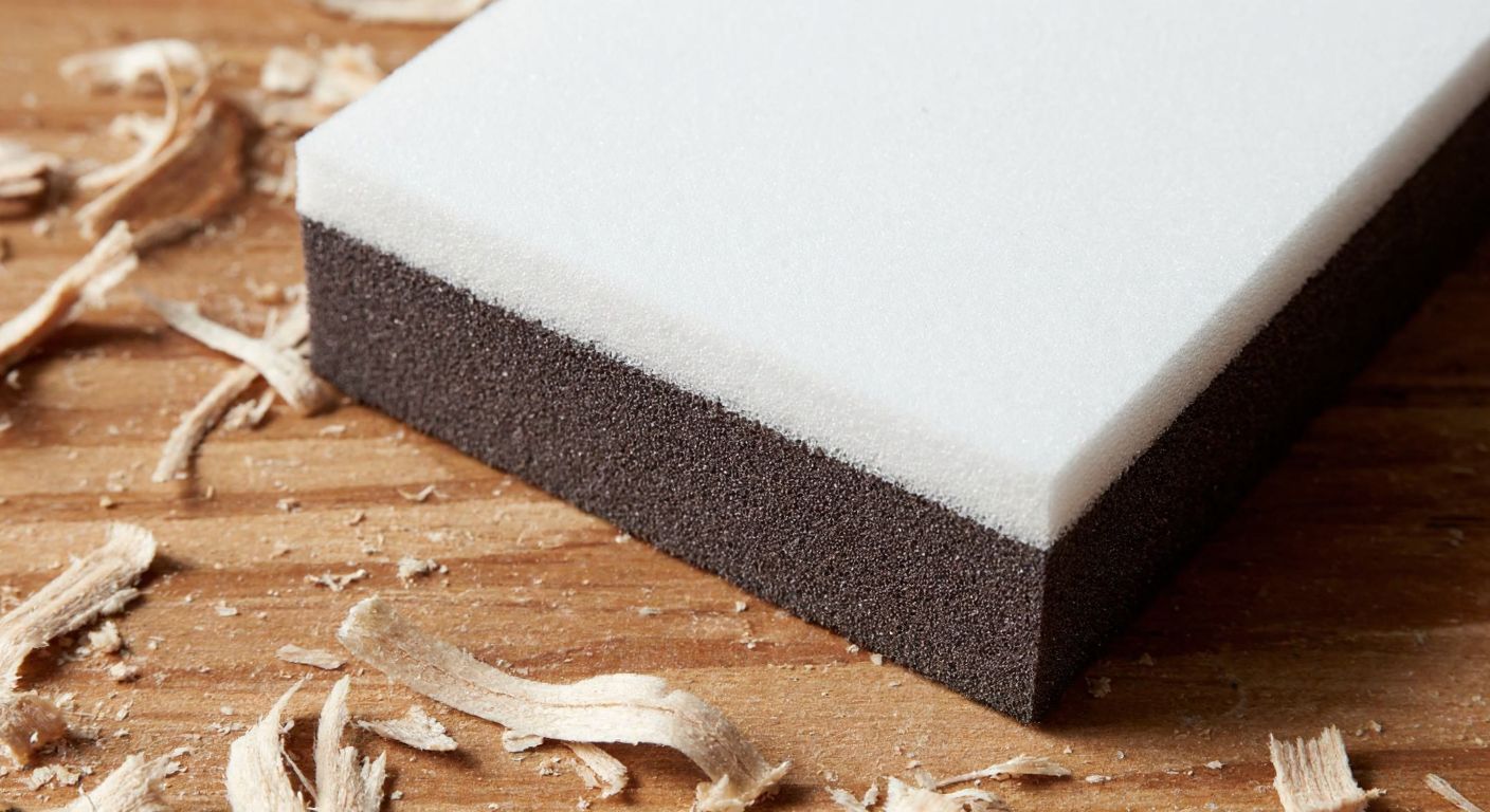 A close-up of a worn, foam sanding sponge with abrasive grains, resting on a rough wooden surface with visible sanding marks, surrounded by wood shavings.