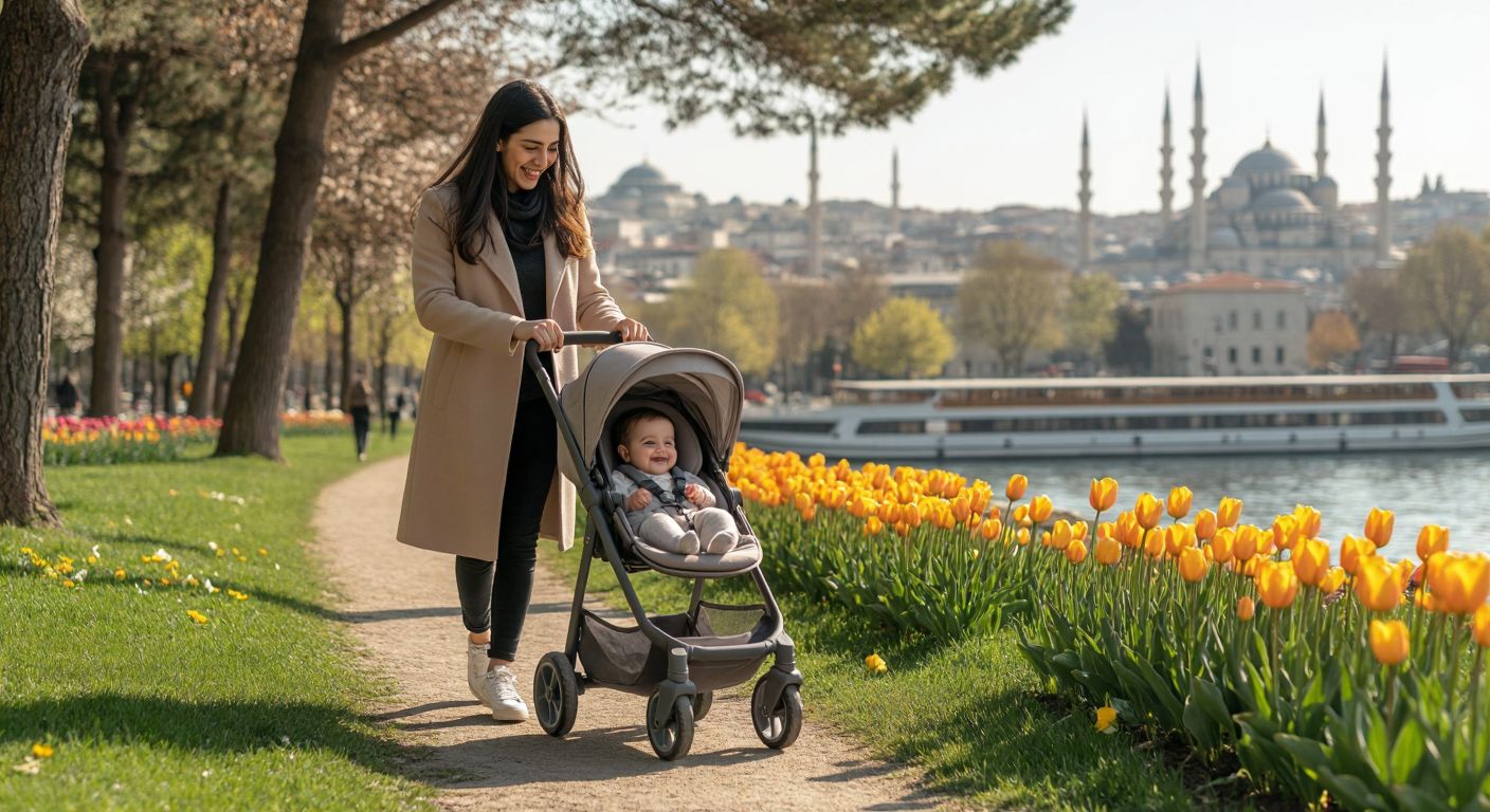 A young Turkish mother in a sunlit park gently pushes a sleek, modern Chicco stroller with a smiling baby inside, surrounded by blooming tulips and a distant view of Istanbul’s minarets.