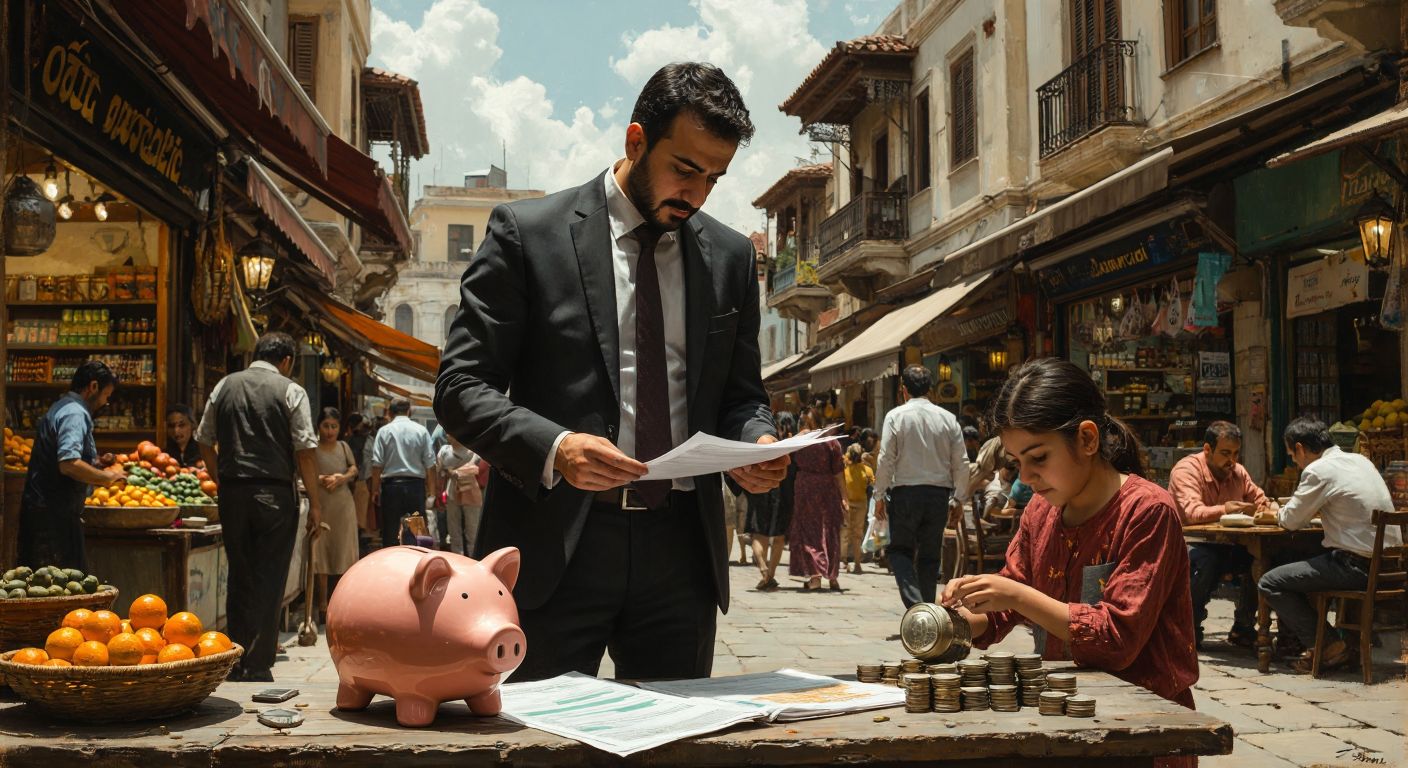 A Turkish businessman in a suit reviewing documents at a bustling marketplace contrasts with a relaxed family at home counting savings from a piggy bank, visually separating commercial and personal loan purposes.