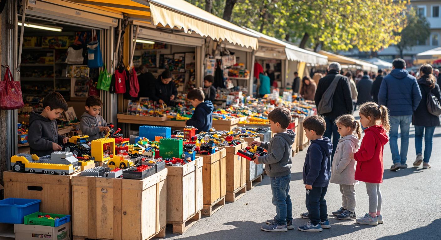A bustling Turkish flea market stall with colorful secondhand Lego sets neatly arranged on wooden crates, surrounded by eager children and adults inspecting the pieces under warm sunlight.