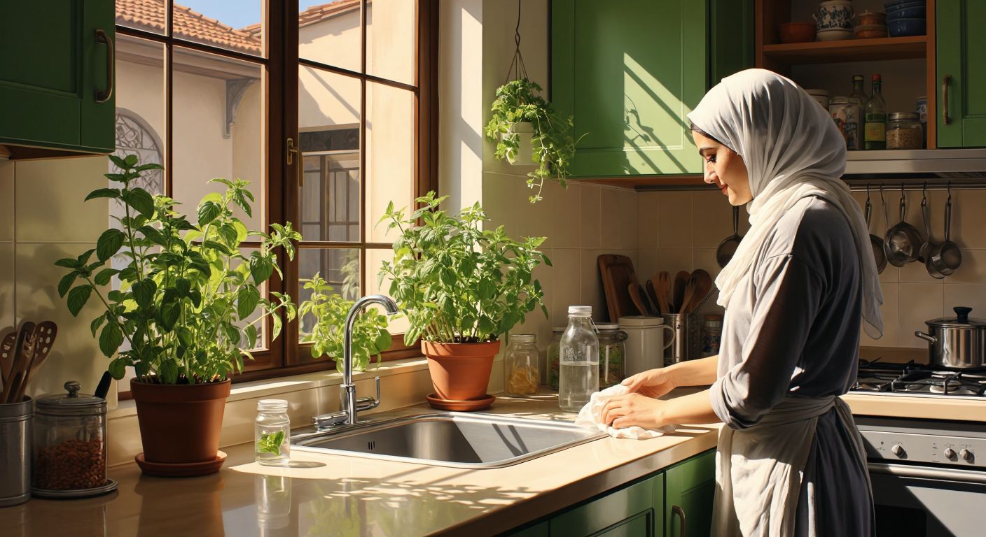 A clean Turkish kitchen with fresh mint and basil plants on the windowsill, a sealed trash bin nearby, and a small jar of vinegar-sugar trap on the counter, while a woman in a headscarf wipes the spotless countertop.