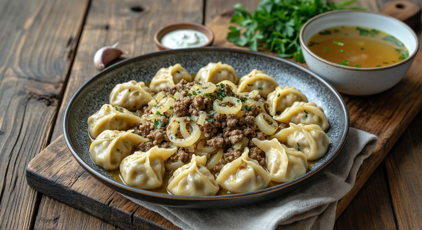 A steaming plate of golden-brown **düşbere** dumplings, filled with spiced minced meat and onions, drizzled with garlic butter sauce, placed on a rustic wooden table beside a bowl of aromatic broth and fresh herbs.