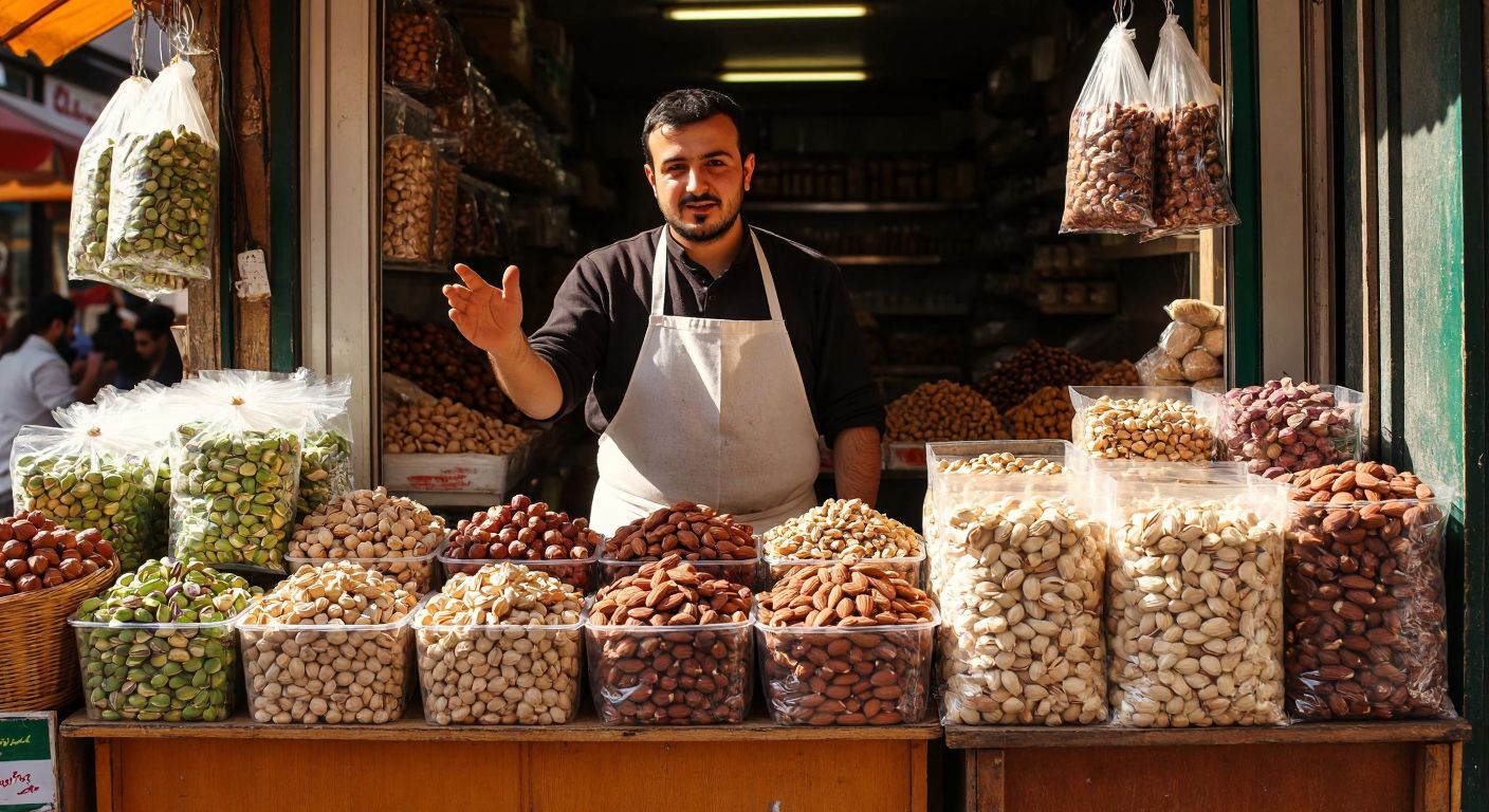 A vibrant Turkish market stall displaying two types of nut packaging—one with vacuum-sealed bags of fresh hazelnuts and pistachios, and the other with upright resealable pouches of roasted almonds—under warm sunlight, with a vendor in a traditional apron gesturing toward the vacuum-sealed option.