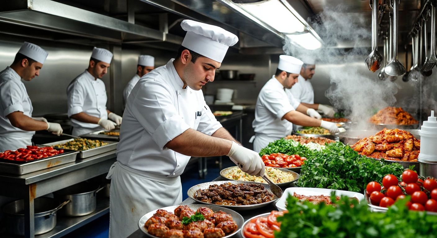 A Turkish Navy chef in a crisp white uniform meticulously arranges a steaming plate of traditional Turkish dishes in a bustling ship galley, surrounded by fresh ingredients and attentive kitchen staff.