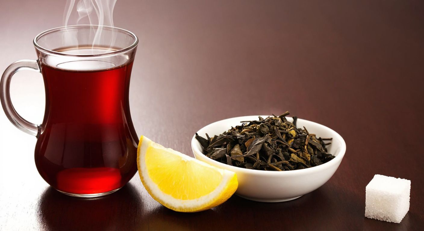 A steaming glass of freshly brewed Turkish tea sits beside a small bowl of damp tea leaves, with a slice of lemon and a sugar cube nearby, evoking warmth and tradition.