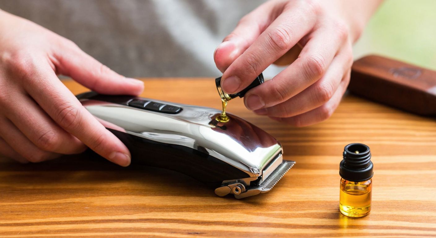 A close-up of a pair of hands carefully applying oil droplets to the silver blades of a hair clipper on a wooden table, with a small bottle of specialized clipper oil nearby.