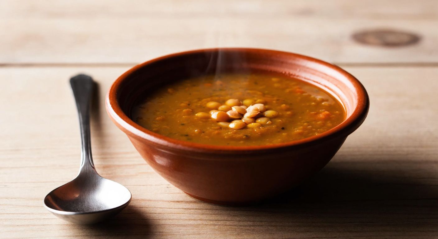 A small ceramic bowl filled with steaming lentil soup, placed on a wooden table with a traditional Turkish spoon beside it, evoking warmth and simplicity.