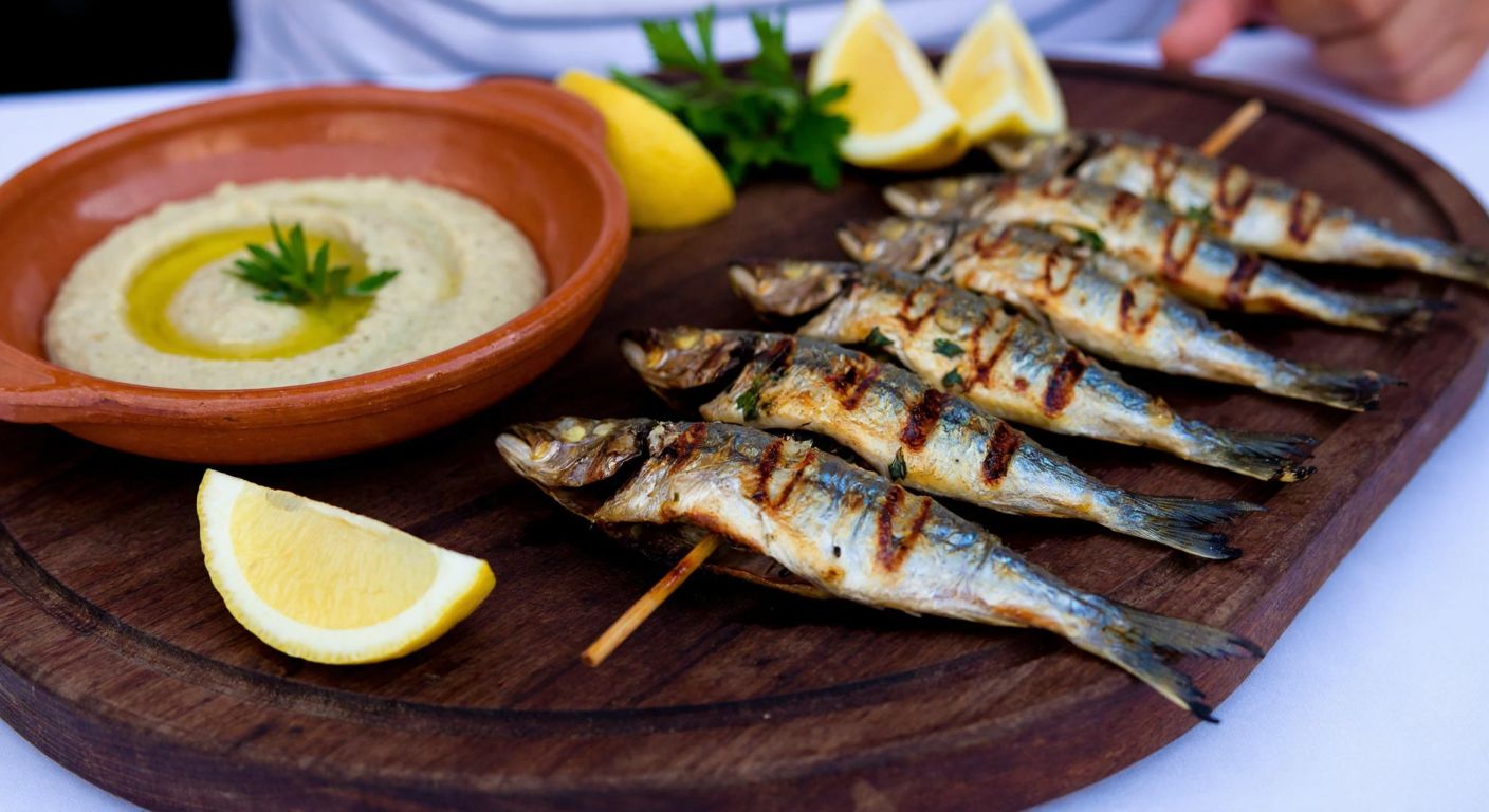 A rustic wooden table in a seaside tavern in Turkey holds a sizzling skewer of grilled sardines, glistening with olive oil and sprinkled with herbs, surrounded by fresh lemon wedges and a clay bowl of smoky eggplant puree.