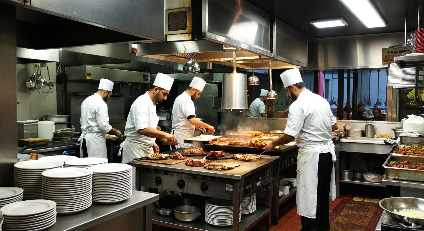 A bustling Turkish restaurant kitchen with chefs in white aprons working around industrial stoves, stacked plates, gleaming cutlery, and a döner machine spinning slowly in the corner.