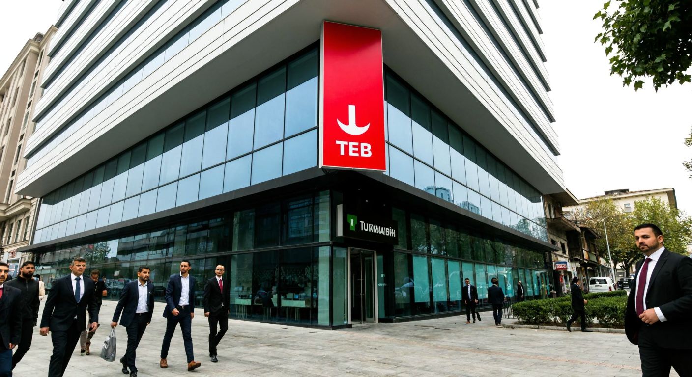 A modern Turkish bank building with a sleek glass facade, flanked by a vibrant red TEB logo banner, standing proudly on a bustling Istanbul street with people in business attire walking by confidently.
