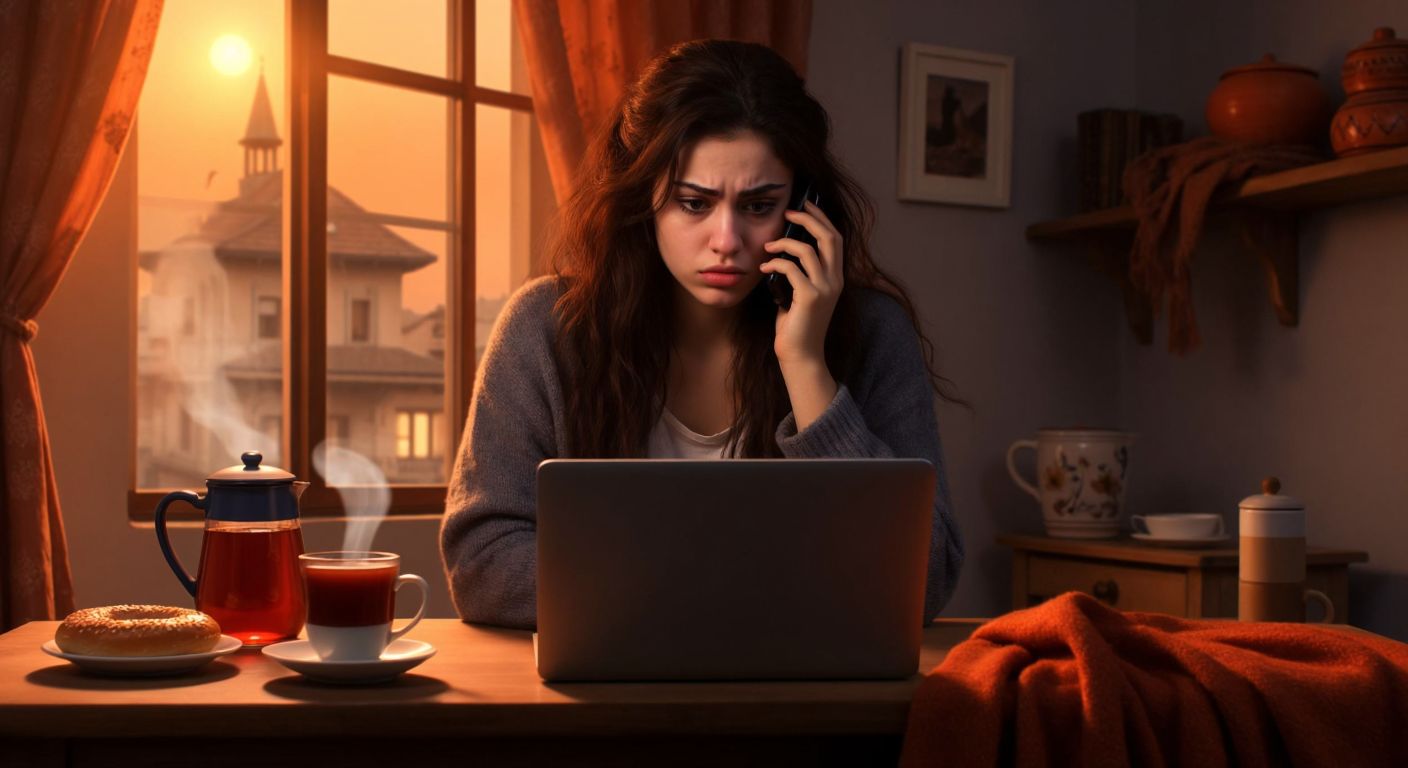 A frustrated young woman in a cozy Turkish home frowns at her phone while a laptop displays a Trendyol login error, surrounded by a steaming cup of çay and a half-eaten simit on a small table.