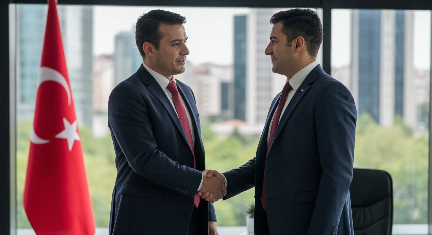 A solemn businessman in a dark suit shakes hands with another executive in a modern Istanbul office, with a Turkish flag subtly visible in the background, conveying a formal yet emotional corporate transition.