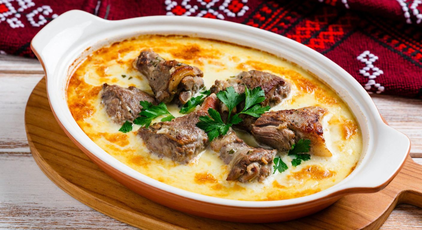 A golden-brown ceramic dish filled with tender lamb pieces in a creamy yogurt sauce, garnished with fresh parsley, resting on a rustic wooden table with a traditional Albanian woven tablecloth in the background.