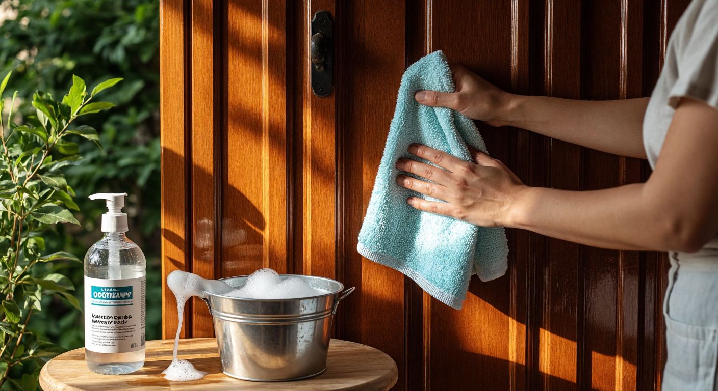 A close-up of a person’s hands gently wiping a glossy lacquered wooden door with a soft microfiber cloth, surrounded by a small bucket of soapy water and a bottle of isopropyl alcohol on a wooden stool in a sunlit Turkish home.