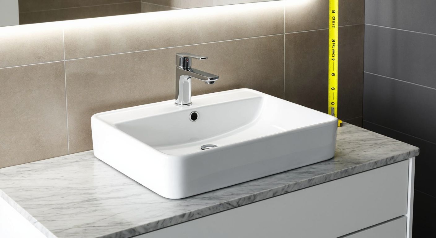 A sleek white bathroom sink with a width of 80 cm sits on a marble countertop, surrounded by a tape measure showing its dimensions against a neutral-toned tiled wall.