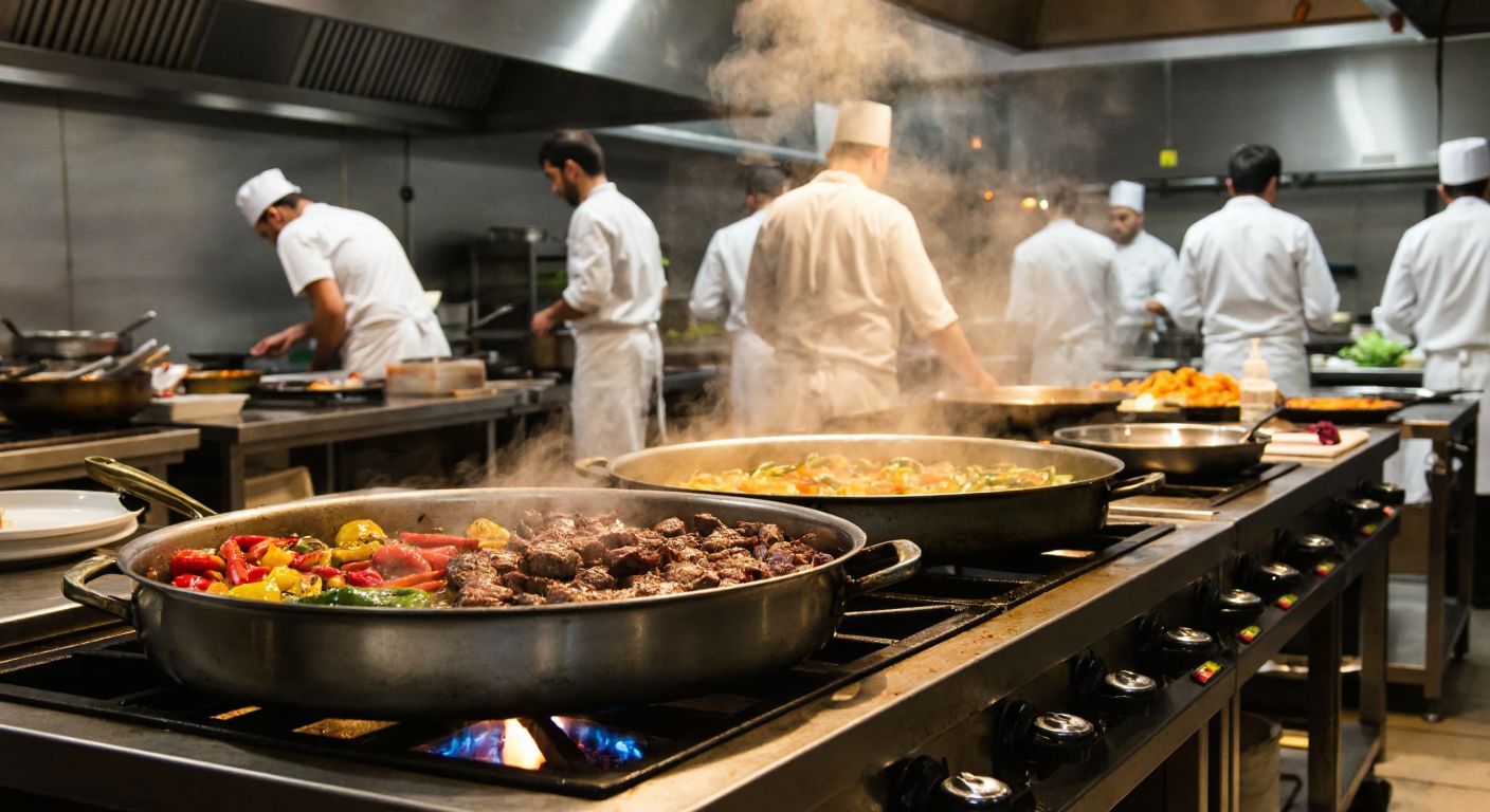 A large stainless steel industrial pan sits atop a commercial stove in a bustling Turkish restaurant kitchen, filled with sizzling meat and vegetables, while chefs in white uniforms work efficiently around it.