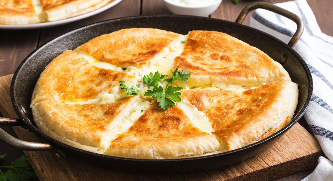 A warm, golden-brown milföy gözleme sizzling in a pan, filled with mashed potatoes and cheese, garnished with fresh parsley, resting on a rustic wooden table in a Turkish kitchen.