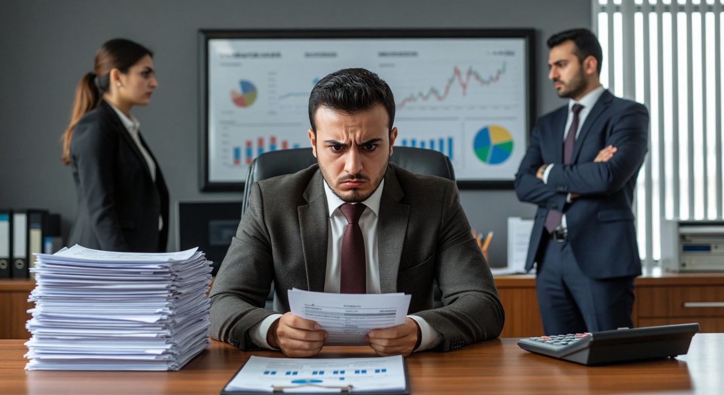 A Turkish accountant in a formal office setting, frowning at a stack of payroll documents with a calculator nearby, while a businessman in a suit looks concerned at a financial chart on the wall.