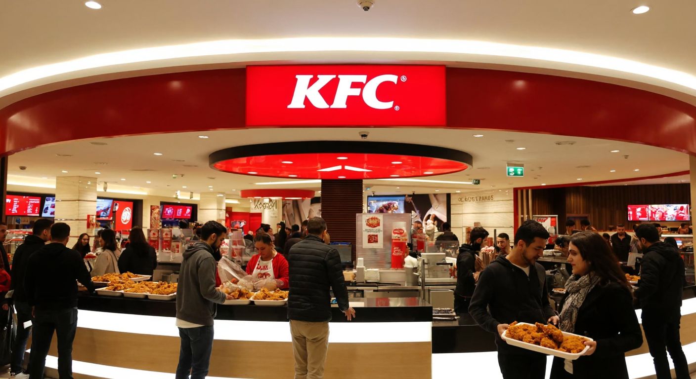 A bustling shopping mall in Istanbul with a bright red KFC sign above a busy counter, surrounded by people holding trays of fried chicken and the aroma of spices filling the air.