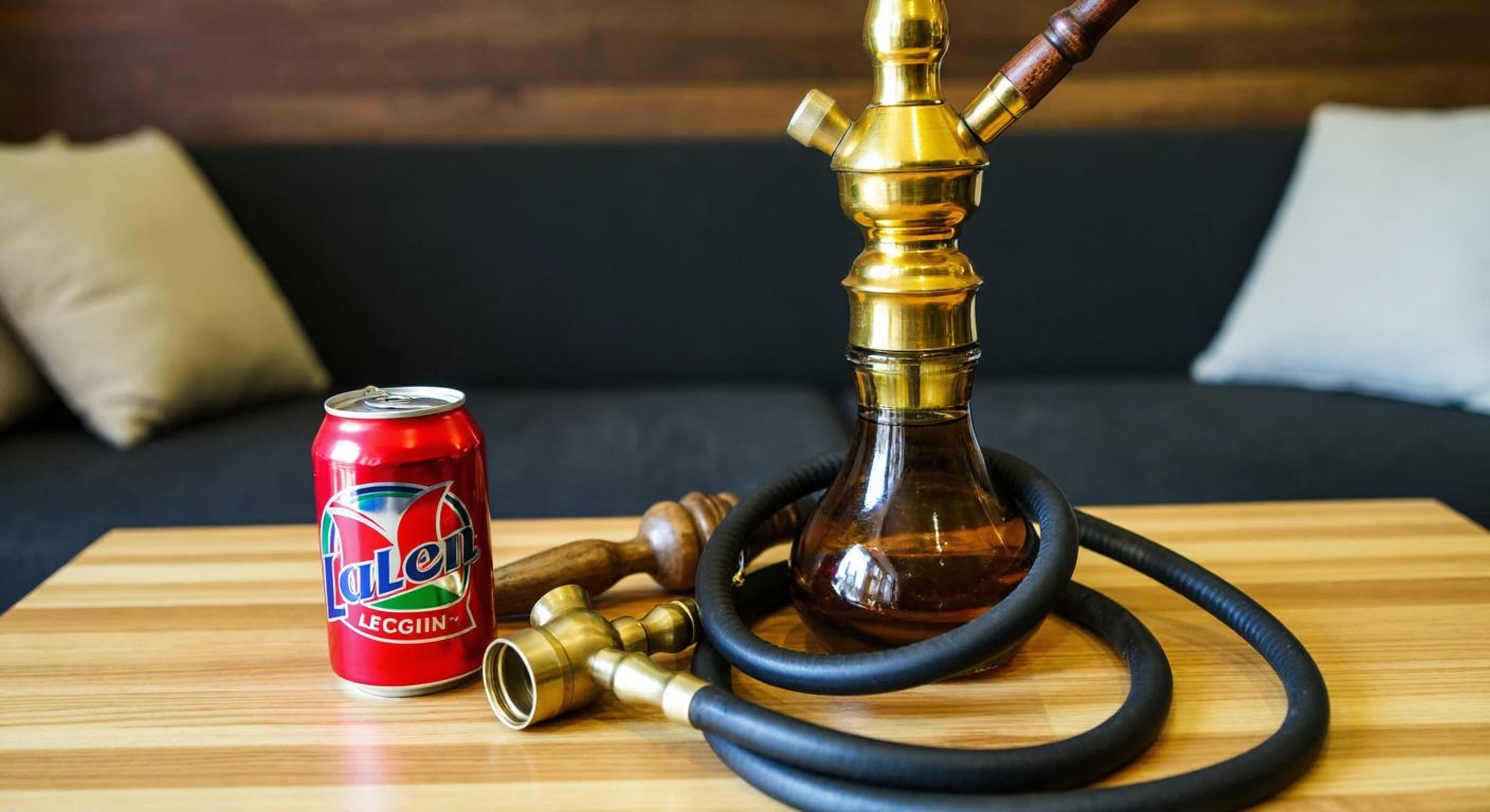 A colorful metal drink cap sits atop a soda can beside a traditional Turkish nargile with a coiled hose and brass accessories on a wooden table.