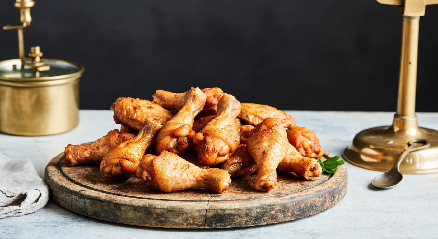 A rustic Turkish butcher's counter displays a pile of plump, golden-brown chicken wings on a weathered wooden cutting board, with a brass scale tipped to one side nearby.