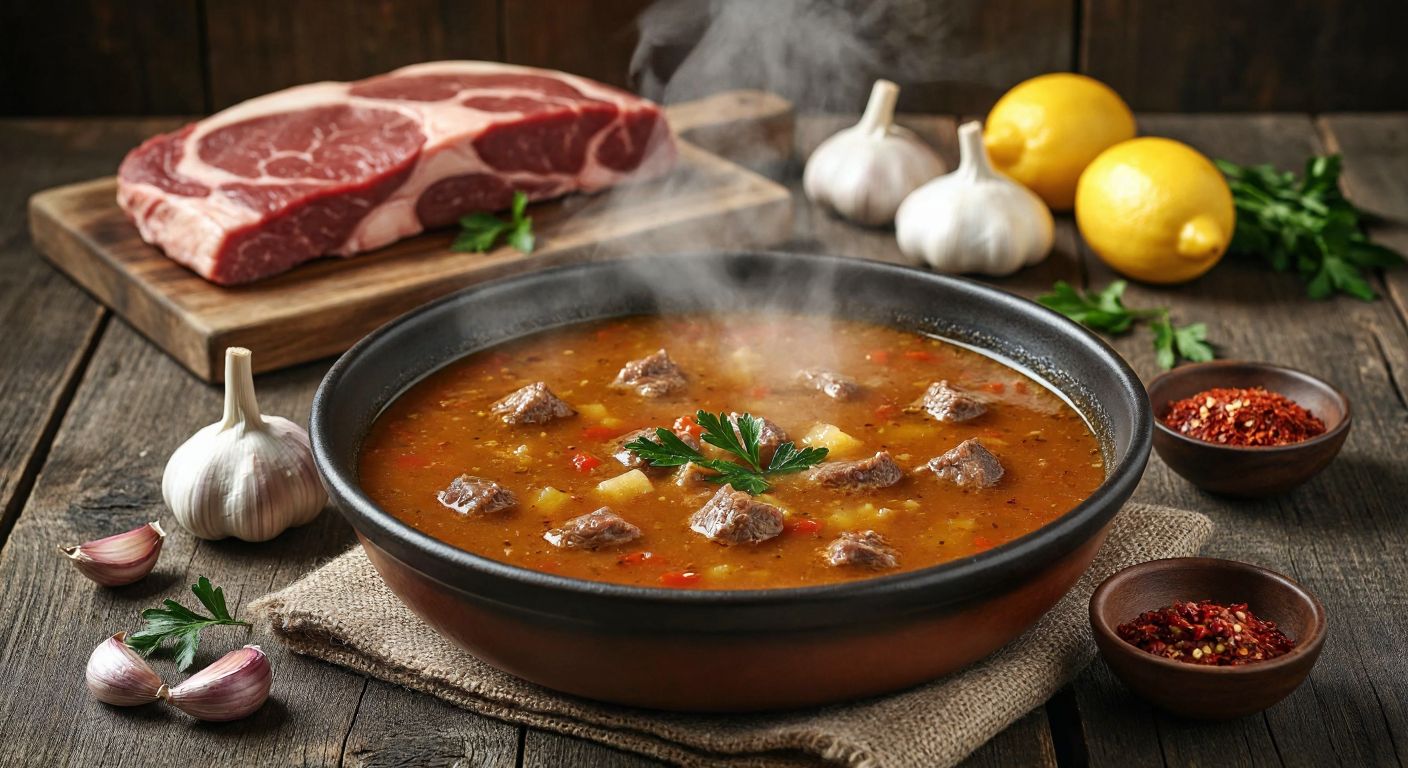 A steaming bowl of rich, golden-brown tongue soup sits on a rustic wooden table, surrounded by fresh ingredients like a whole beef tongue, garlic cloves, lemons, and a small bowl of red pepper, evoking warmth and traditional Turkish comfort food.