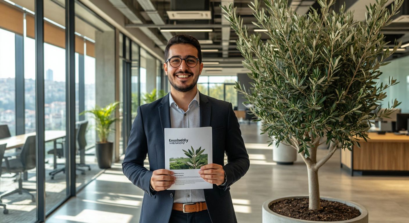 A modern office in Istanbul with a Turkish executive holding a printed sustainability report, smiling proudly while standing near a potted olive tree symbolizing eco-friendliness.