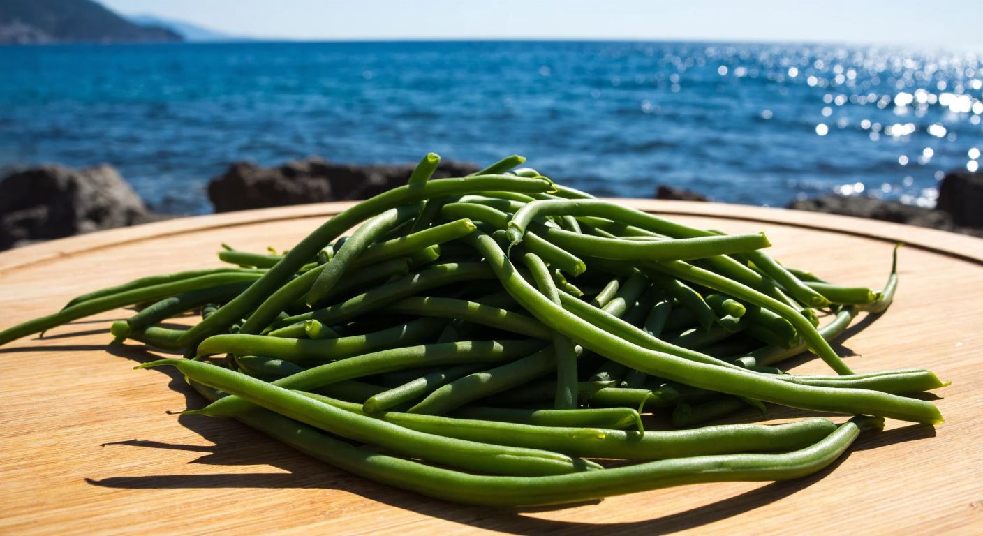 A vibrant coastal scene in Turkey with fresh green sea beans (deniz börülcesi) piled on a wooden table by the shore, under warm spring sunlight with a sparkling blue sea in the background.