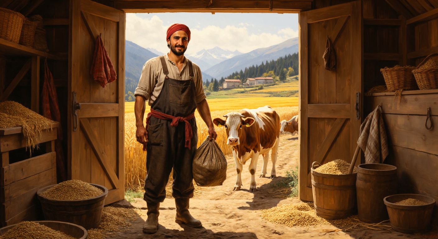 A Turkish farmer in a sunlit barn, holding a sack of animal feed in one hand and a cut of red meat in the other, with a contented cow nearby and golden wheat fields visible through the open door.