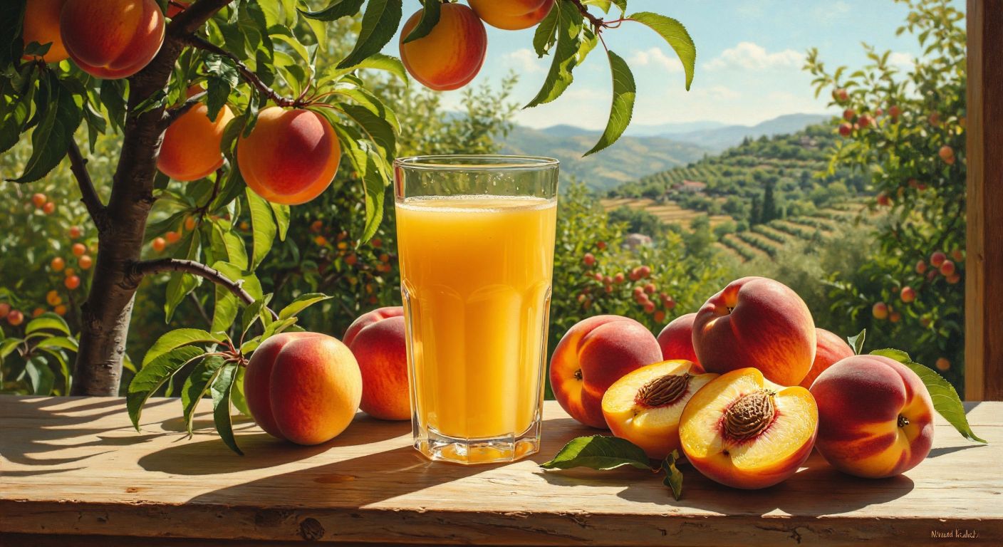 A glass of golden peach-apple juice sits on a sunlit wooden table in a Turkish kitchen, surrounded by fresh peaches and apples, with a nutrition label subtly implied by the vibrant, healthy setting.