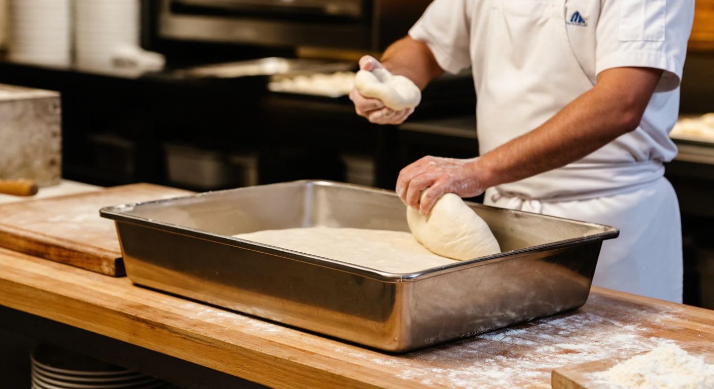 A stainless steel pizza dough trough filled with smooth, elastic dough sits on a wooden counter in a bustling Turkish pizzeria, with a chef in a white apron nearby kneading fresh dough by hand.
